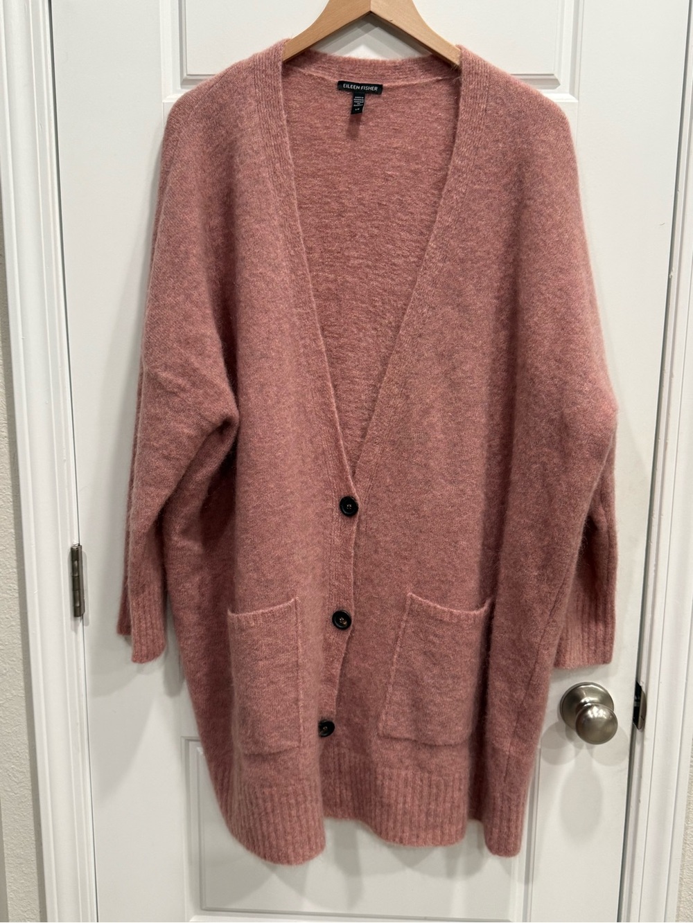 Eileen Fisher Pink Mohair Wool Blend Plush Oversized Cardigan Sweater